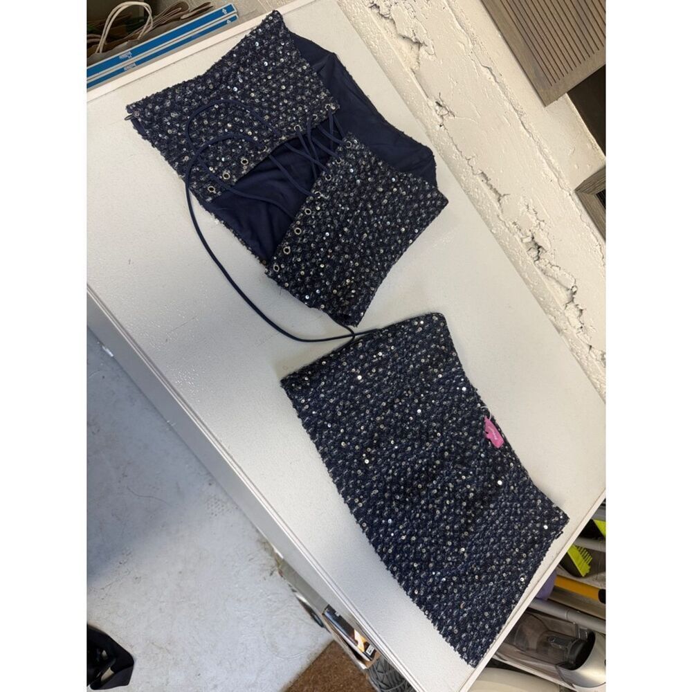 Embellished Navy Mini Skirt Set - Corset Top - Size Small - NWT
